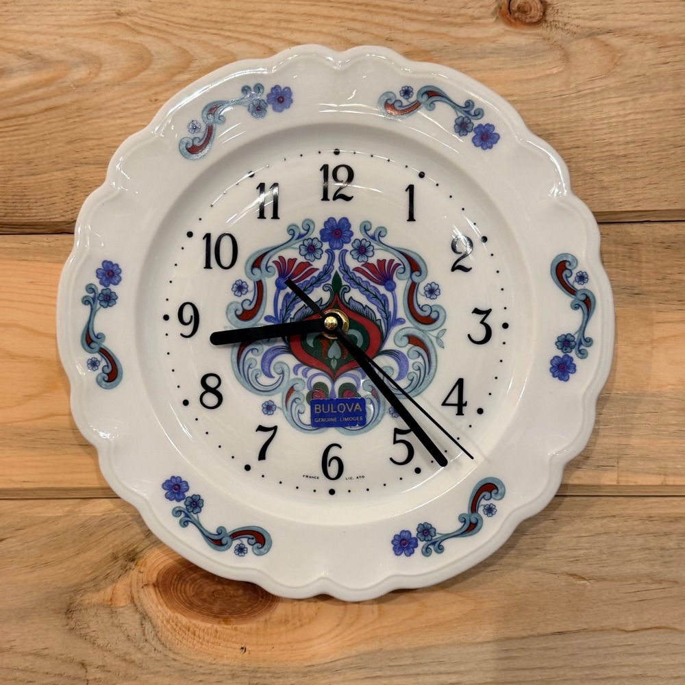 Bulova Limoges Porcelain Wall Clock France Scalloped Floral Plate Vintage White